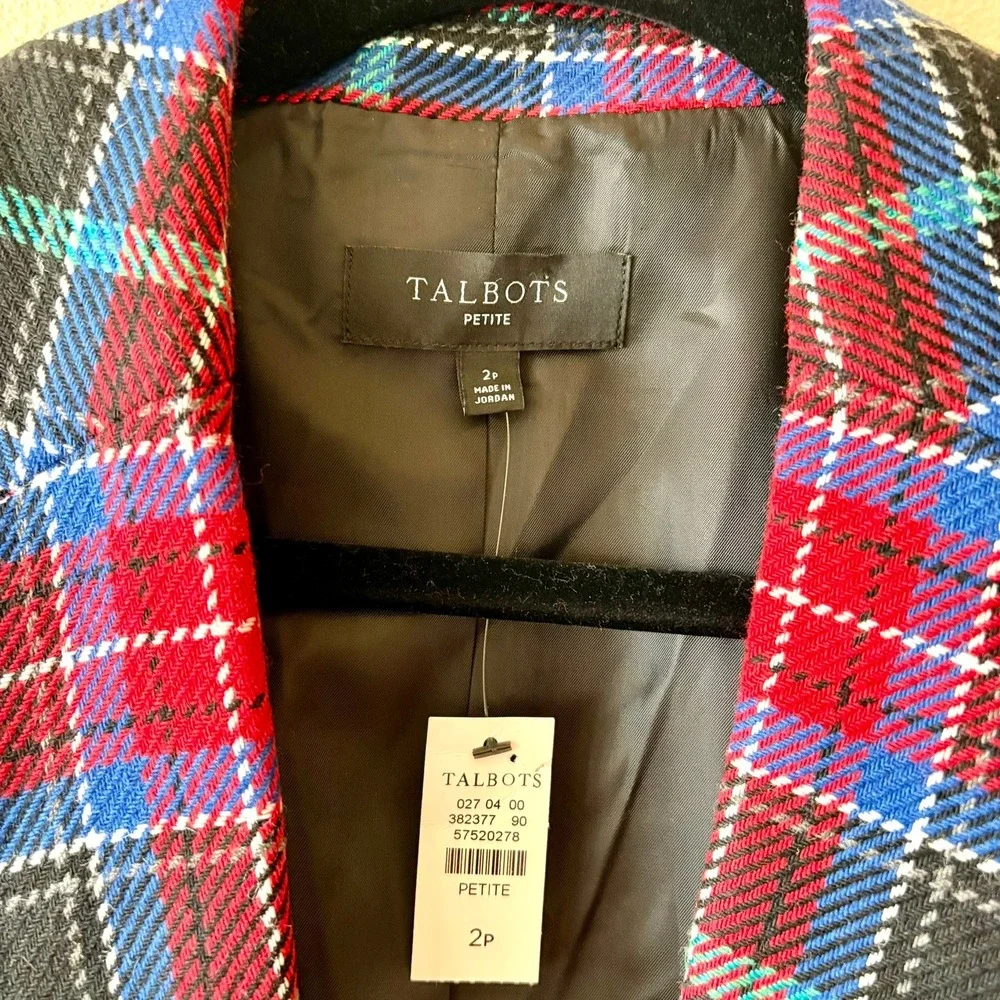 New Talbots Petite Tartan Plaid Sequin Wool Blend Double Breasted Open Blazer 2P